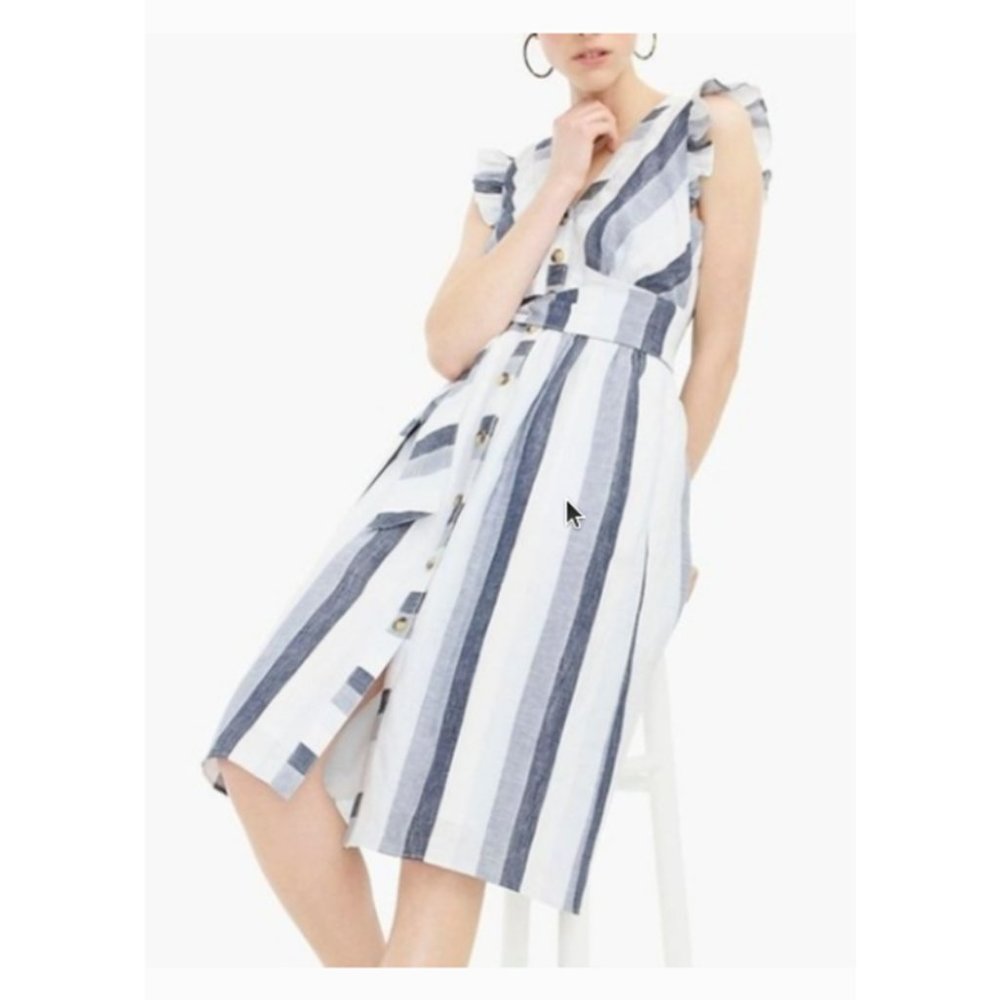J. Crew Point Sur Linen Striped A-line Dress SZ 00P Blue White Spring Summer - Picture 4 of 10